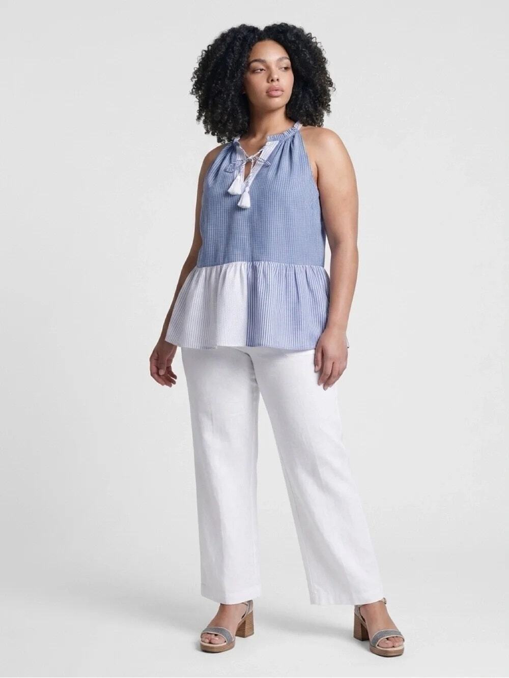 Lucky Brand Cotton Patchwork Peplum Tank Top L Blue White Stripe Tassel Keyhole